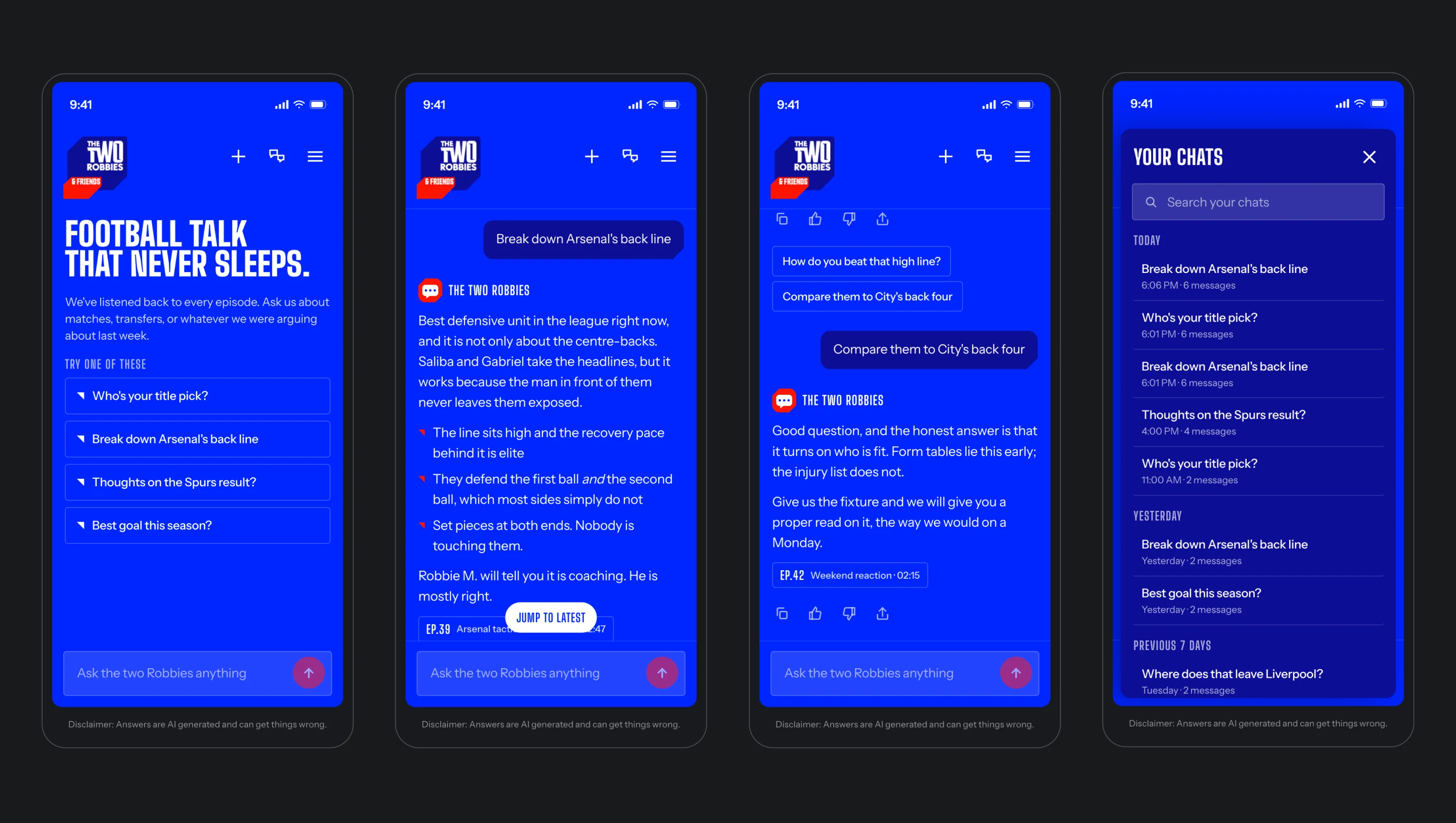 Ask The Two Robbies mobile screens showing the prompt suggestions home, an answer with episode citations, follow-up chips, and the chat history drawer