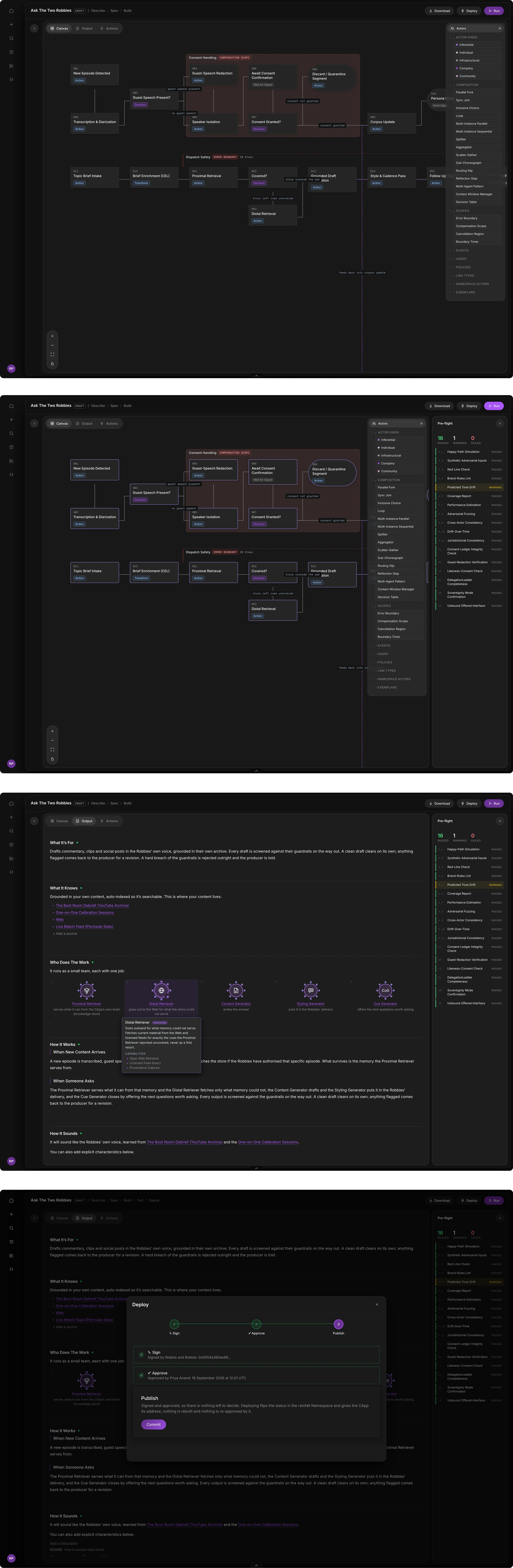 Rainfall Studio screens showing the choreograph canvas with actor library, pre-flight check results, the generated Design document, and the deploy sign-approve-publish flow